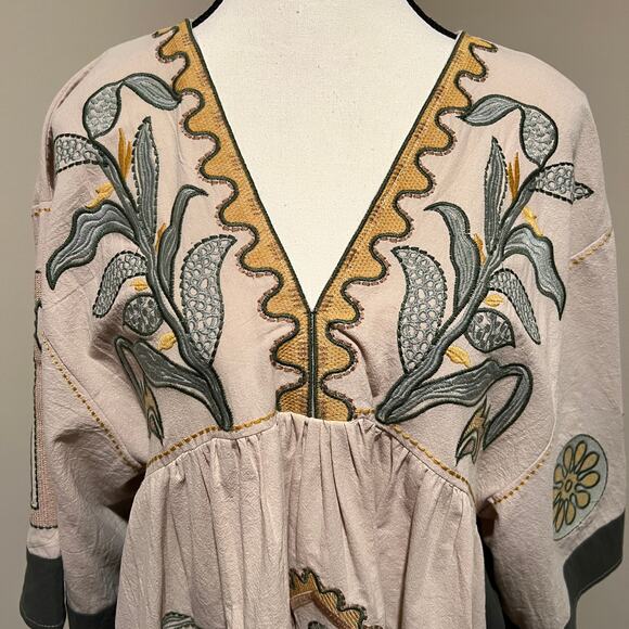 Veveret Flowy Boho Embroidered Mini Dress Boxy Oversized Khaki Green Size S - Picture 6 of 15